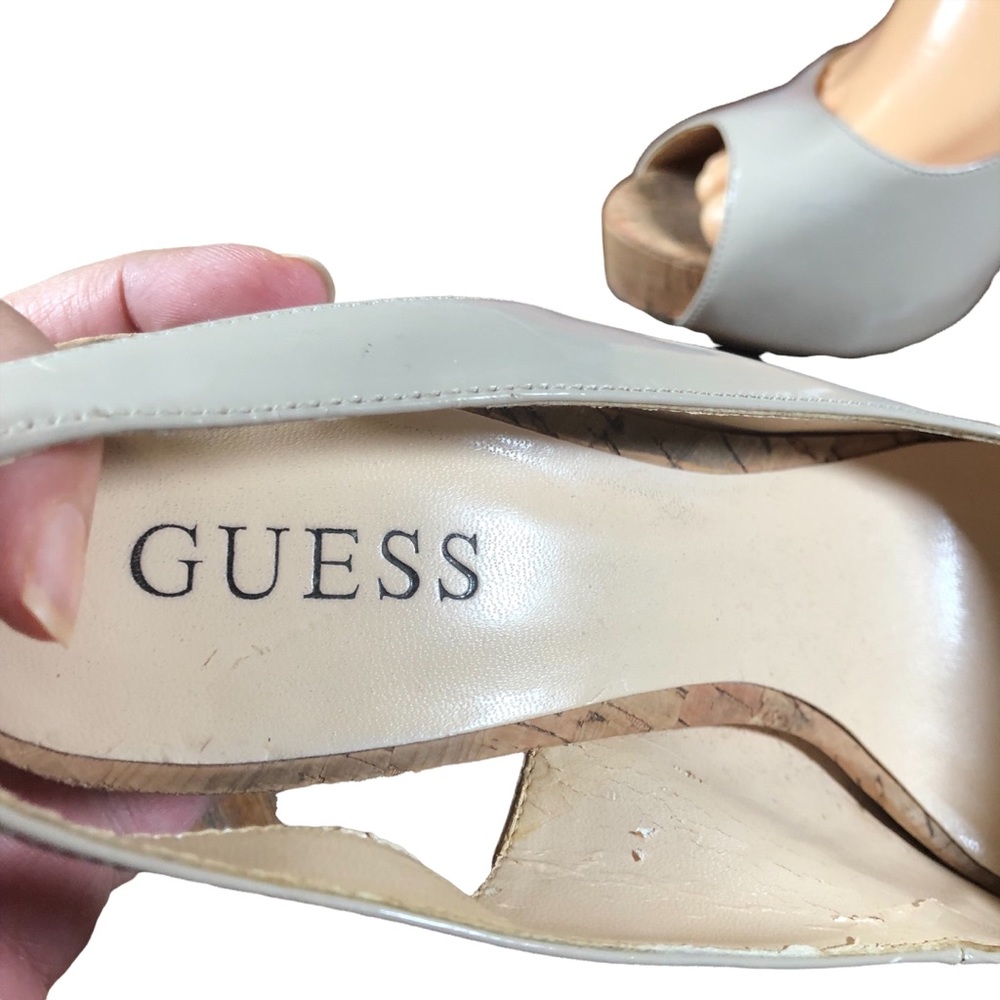 Guess 8.5 Heels Platform Cork Stiletto Patent Leather Tan Sling Back Peep Toe - Picture 7 of 11